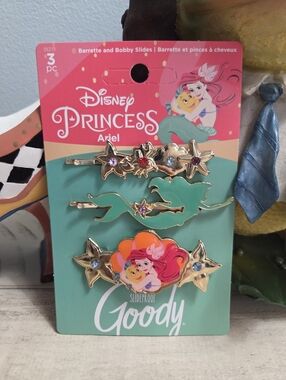 Disney Princess Ariel Slideproof Barrette and Bobby Slides set By Goody, NEW